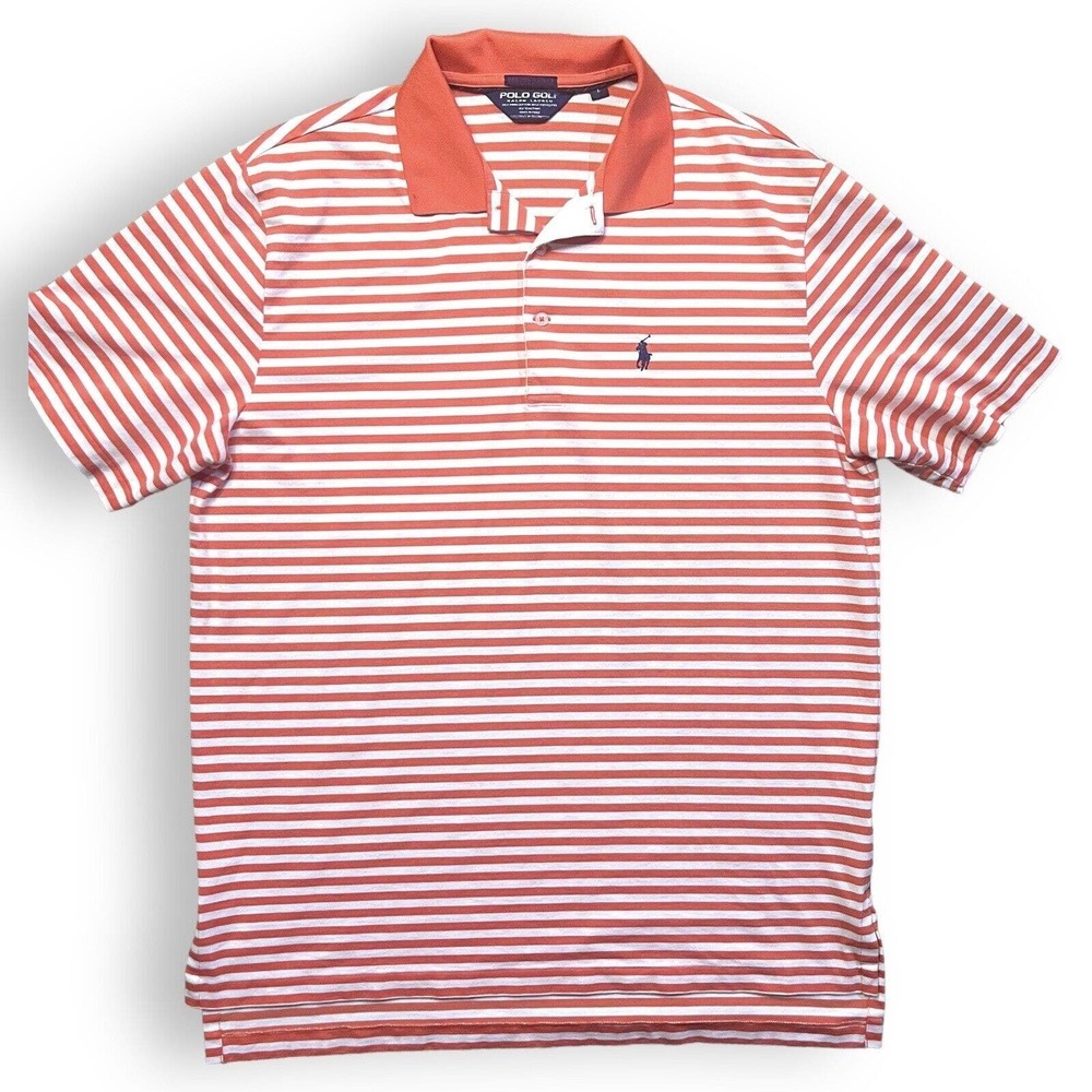 Ralph Lauren Polo Golf Performance Men Short Sleeve Shirt Striped‎ Orange…